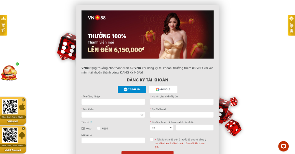 Giao diện đăng ký tạo tài khoản VN88